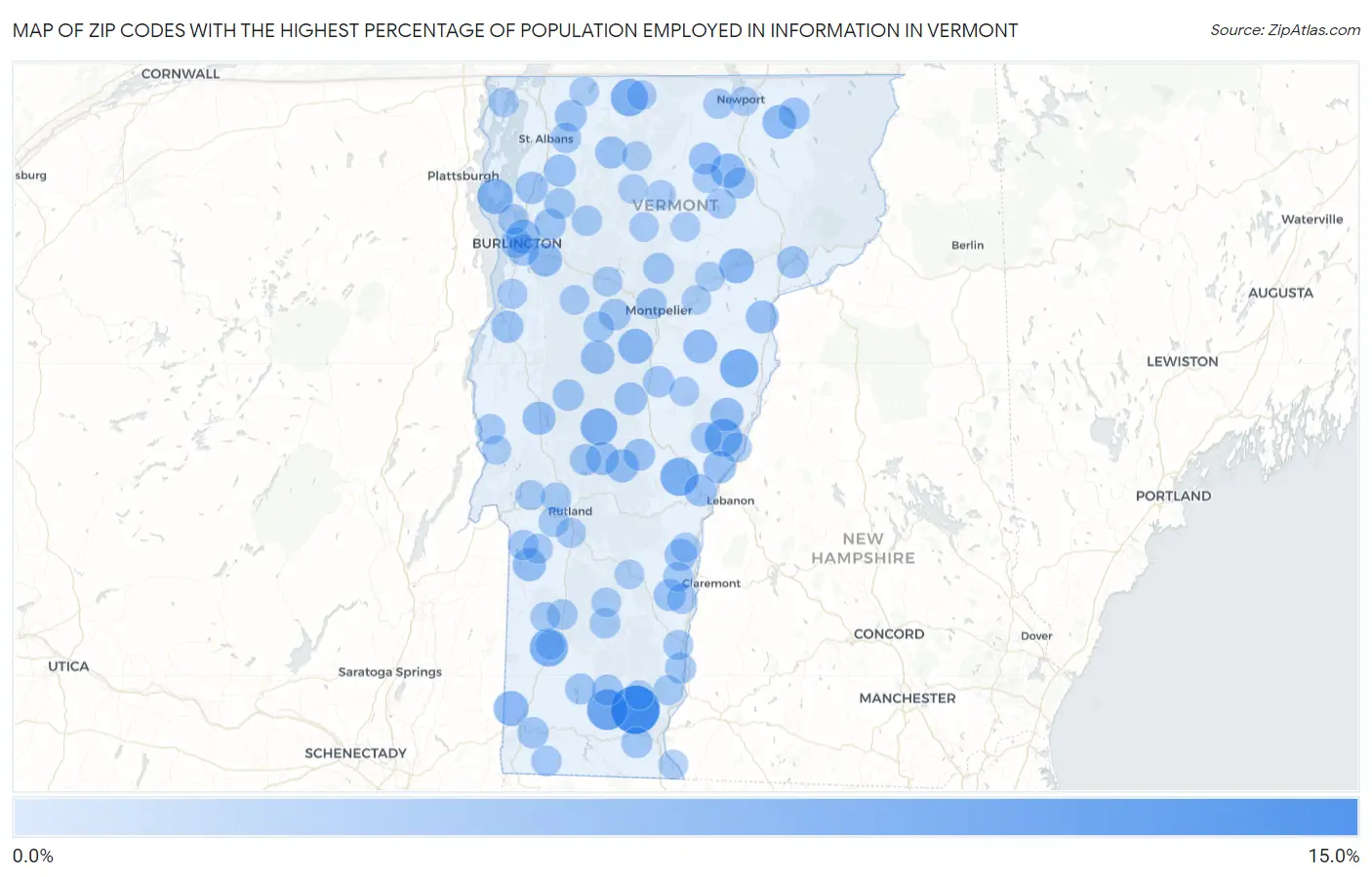 Zip Codes with the Highest Percentage of Population Employed in Information in Vermont Map