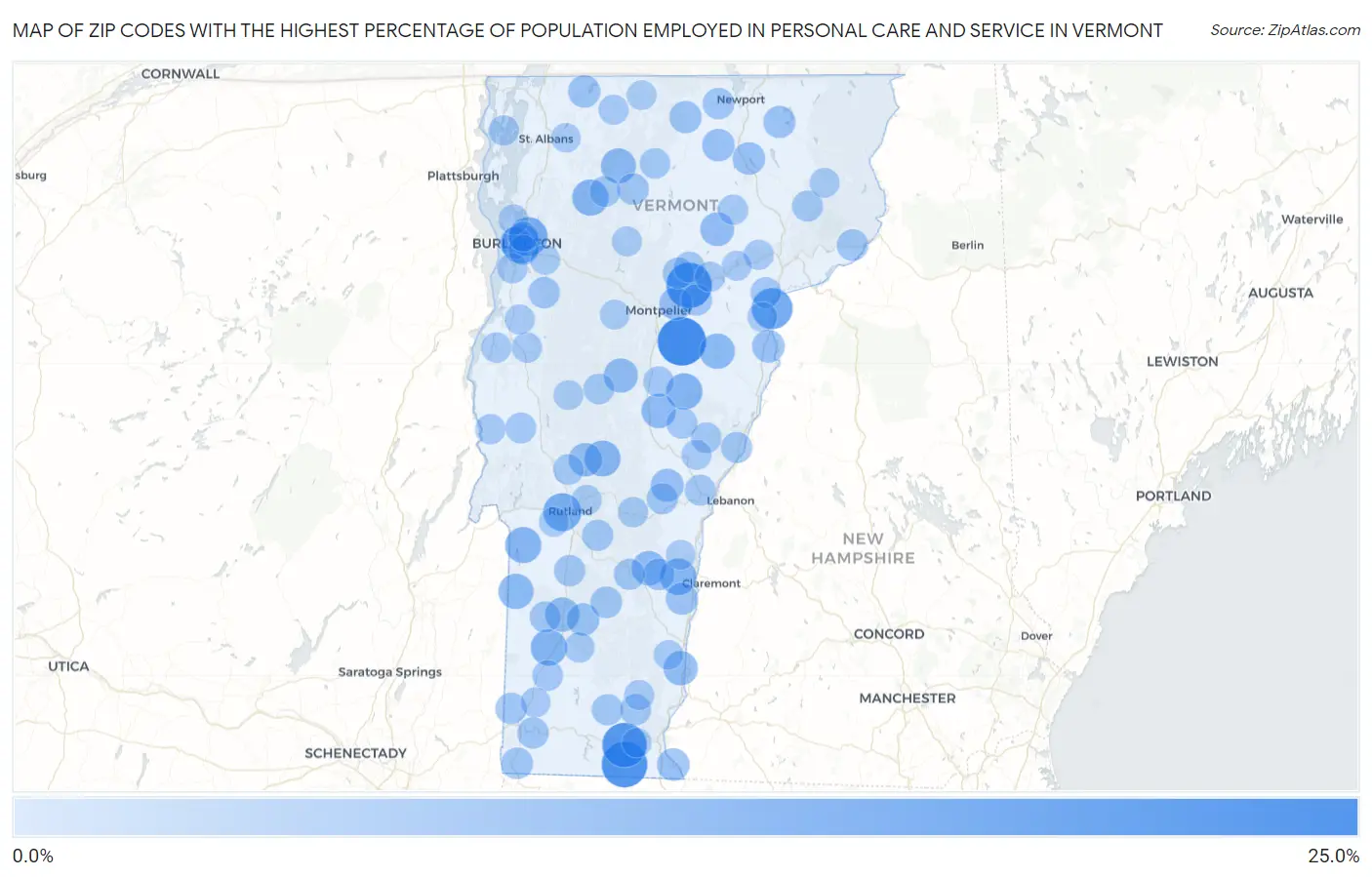 Zip Codes with the Highest Percentage of Population Employed in Personal Care and Service in Vermont Map