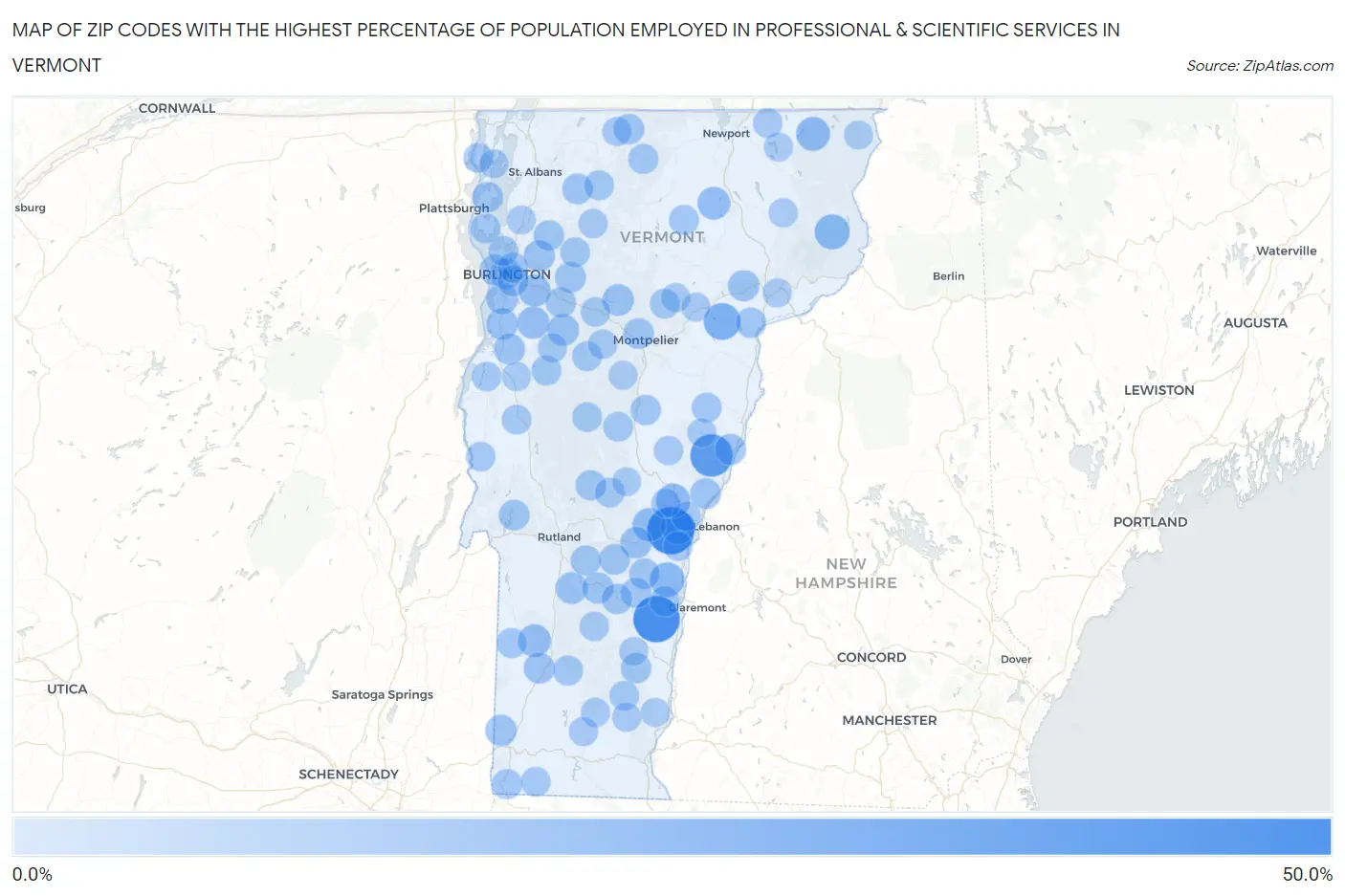 Zip Codes with the Highest Percentage of Population Employed in Professional & Scientific Services in Vermont Map