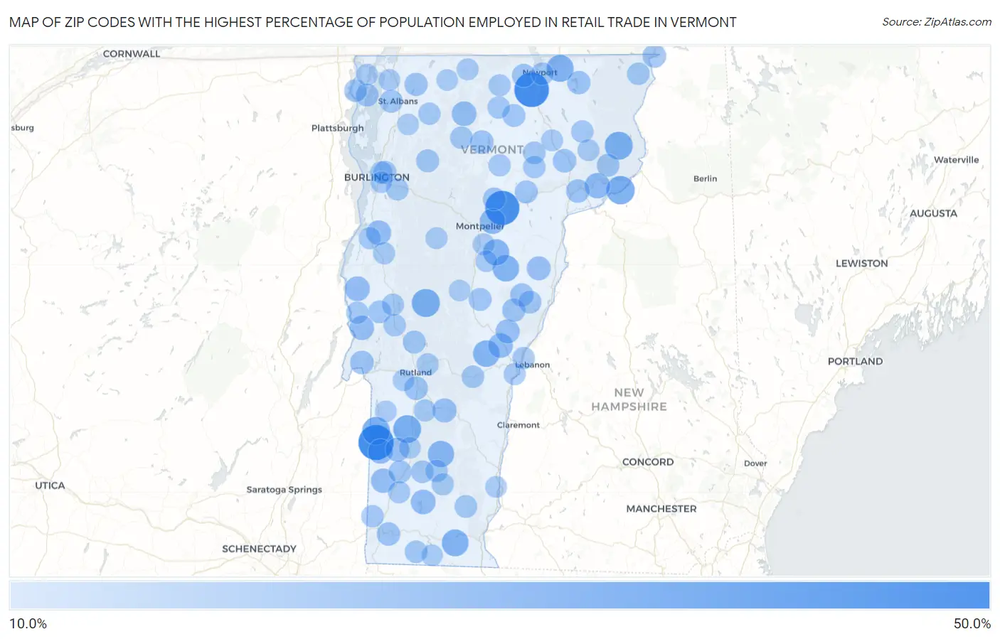 Zip Codes with the Highest Percentage of Population Employed in Retail Trade in Vermont Map