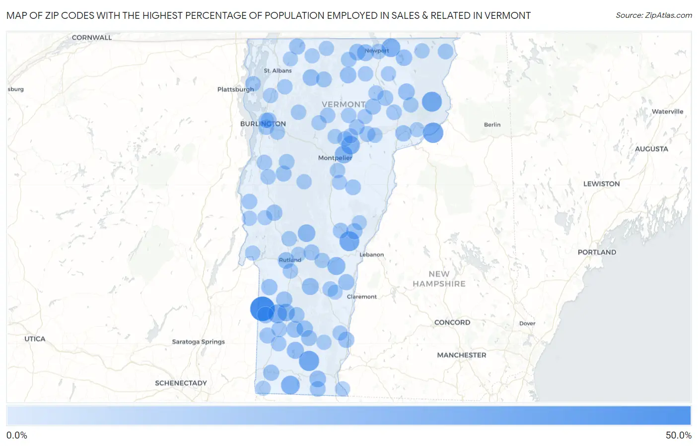 Zip Codes with the Highest Percentage of Population Employed in Sales & Related in Vermont Map