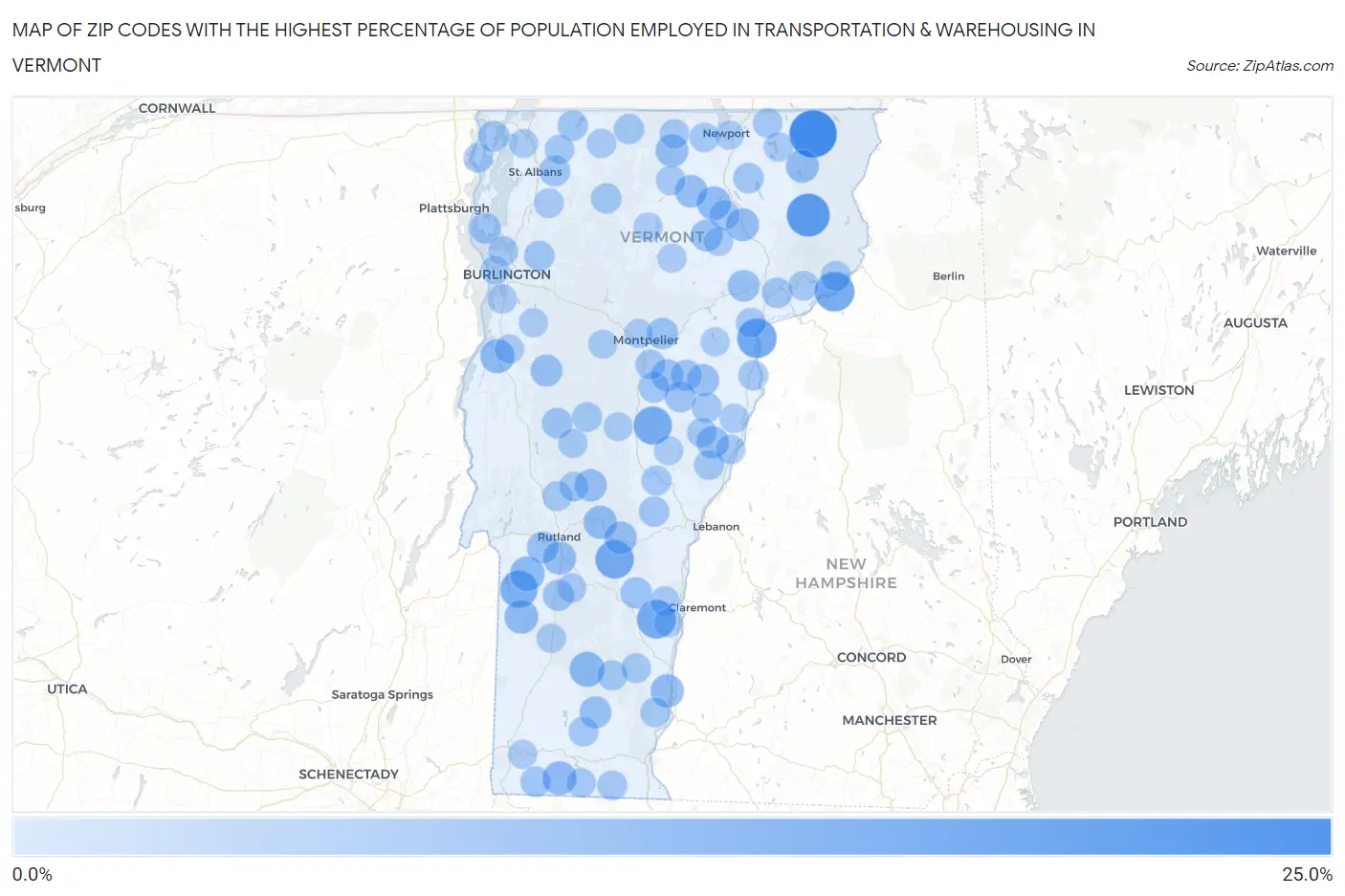 Zip Codes with the Highest Percentage of Population Employed in Transportation & Warehousing in Vermont Map