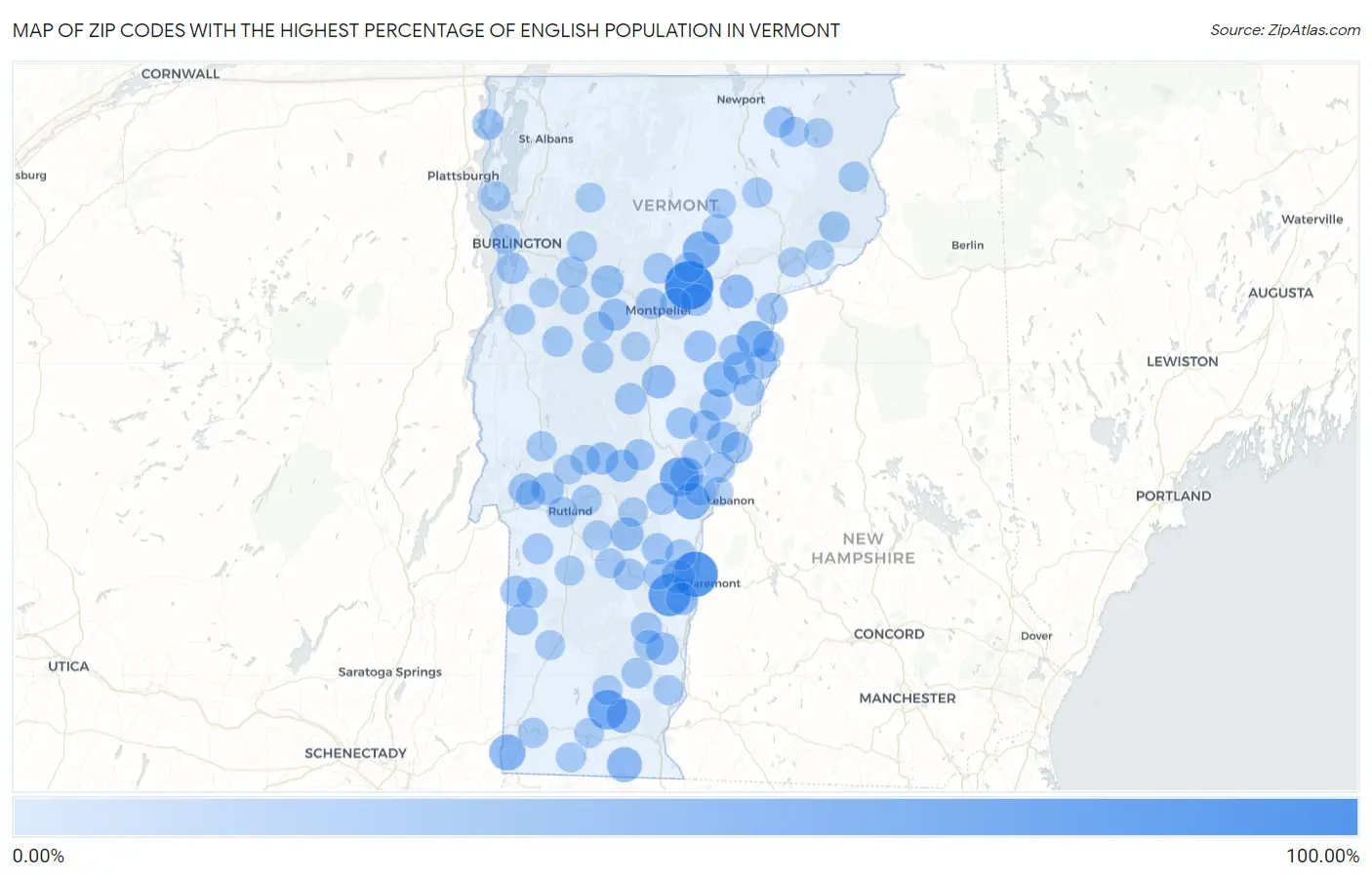 Zip Codes with the Highest Percentage of English Population in Vermont Map