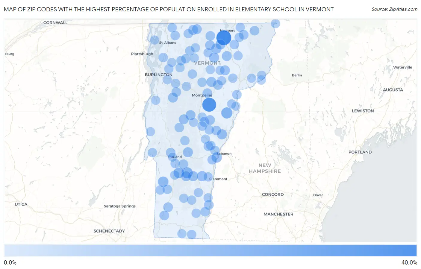 Zip Codes with the Highest Percentage of Population Enrolled in Elementary School in Vermont Map