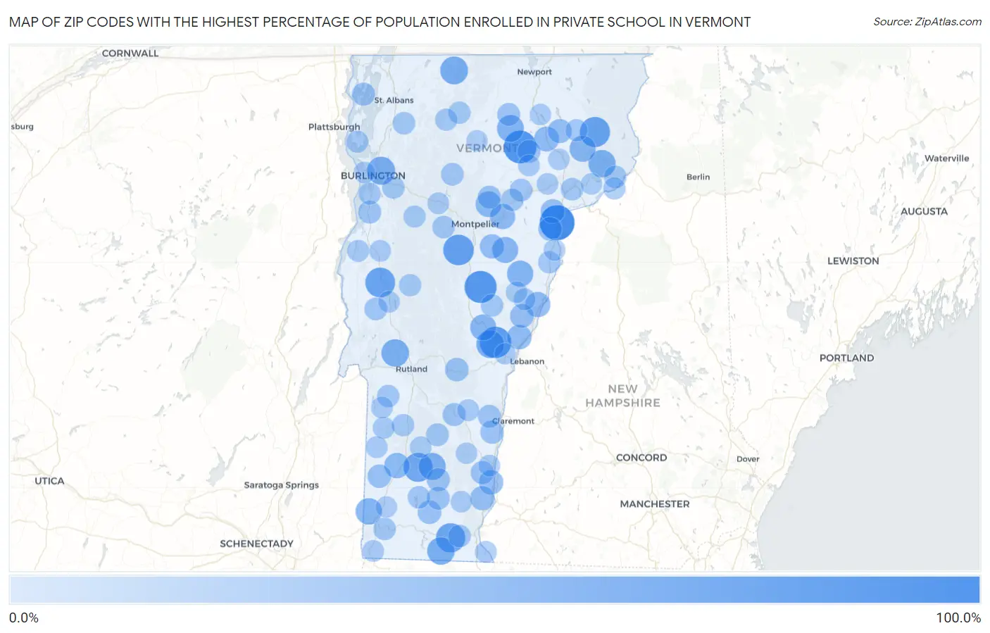 Zip Codes with the Highest Percentage of Population Enrolled in Private School in Vermont Map