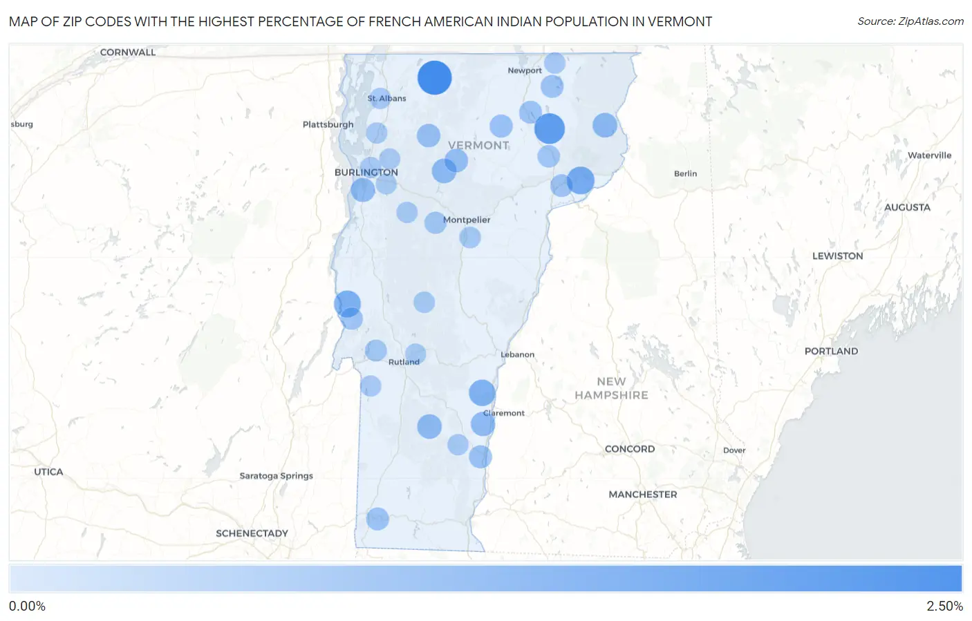 Zip Codes with the Highest Percentage of French American Indian Population in Vermont Map