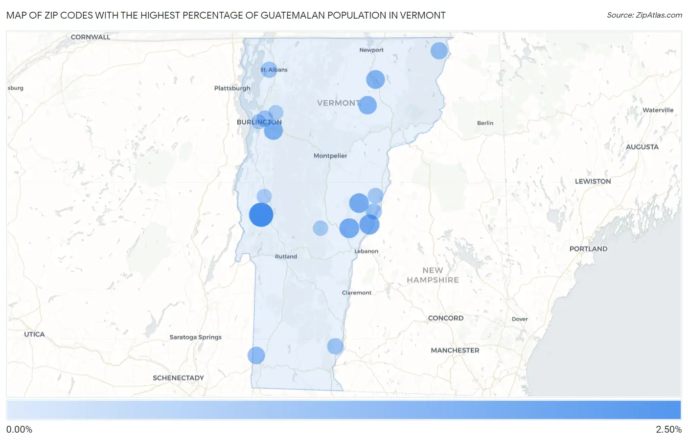 Zip Codes with the Highest Percentage of Guatemalan Population in Vermont Map