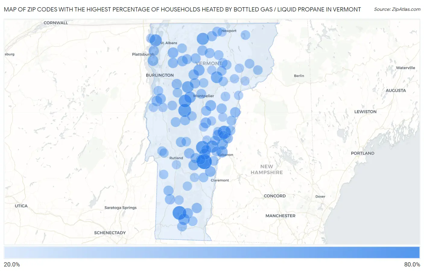 Zip Codes with the Highest Percentage of Households Heated by Bottled Gas / Liquid Propane in Vermont Map