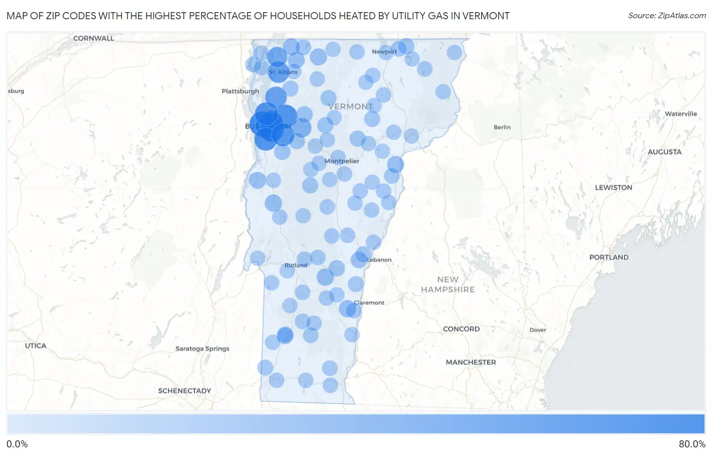Zip Codes with the Highest Percentage of Households Heated by Utility Gas in Vermont Map