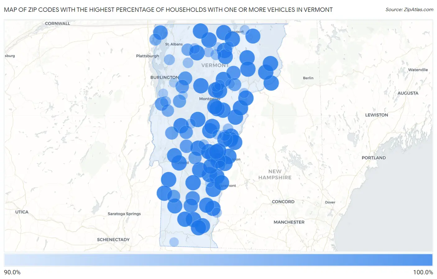 Zip Codes with the Highest Percentage of Households With One or more Vehicles in Vermont Map