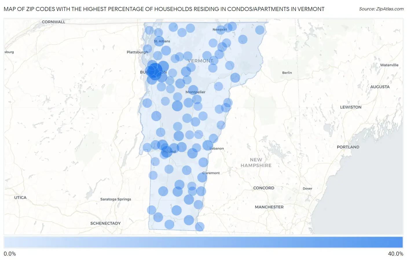 Zip Codes with the Highest Percentage of Households Residing in Condos/Apartments in Vermont Map