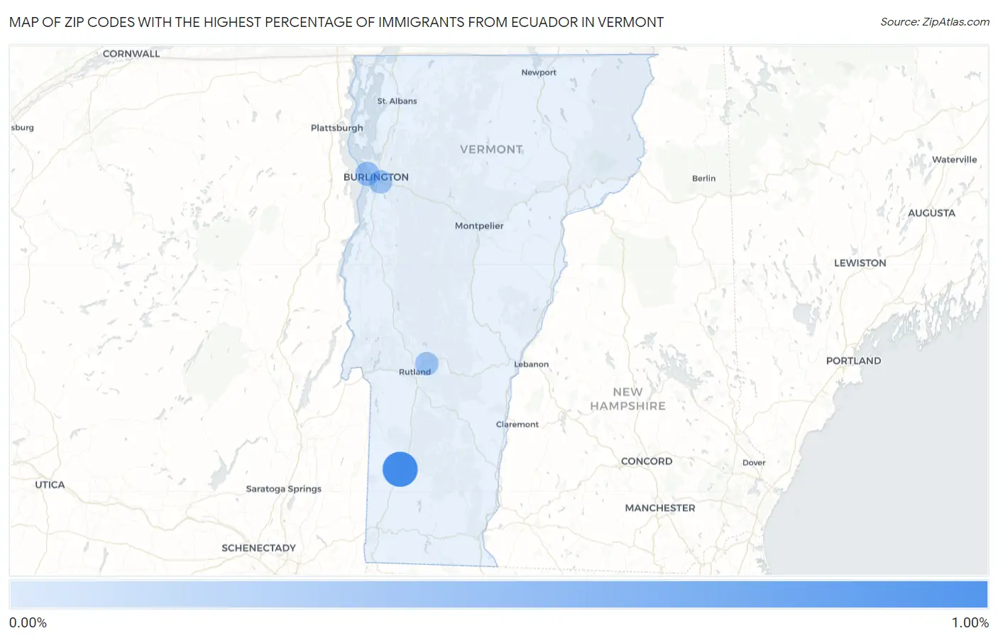 Zip Codes with the Highest Percentage of Immigrants from Ecuador in Vermont Map