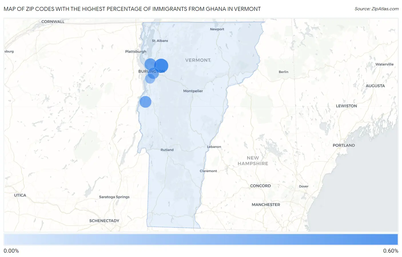 Zip Codes with the Highest Percentage of Immigrants from Ghana in Vermont Map