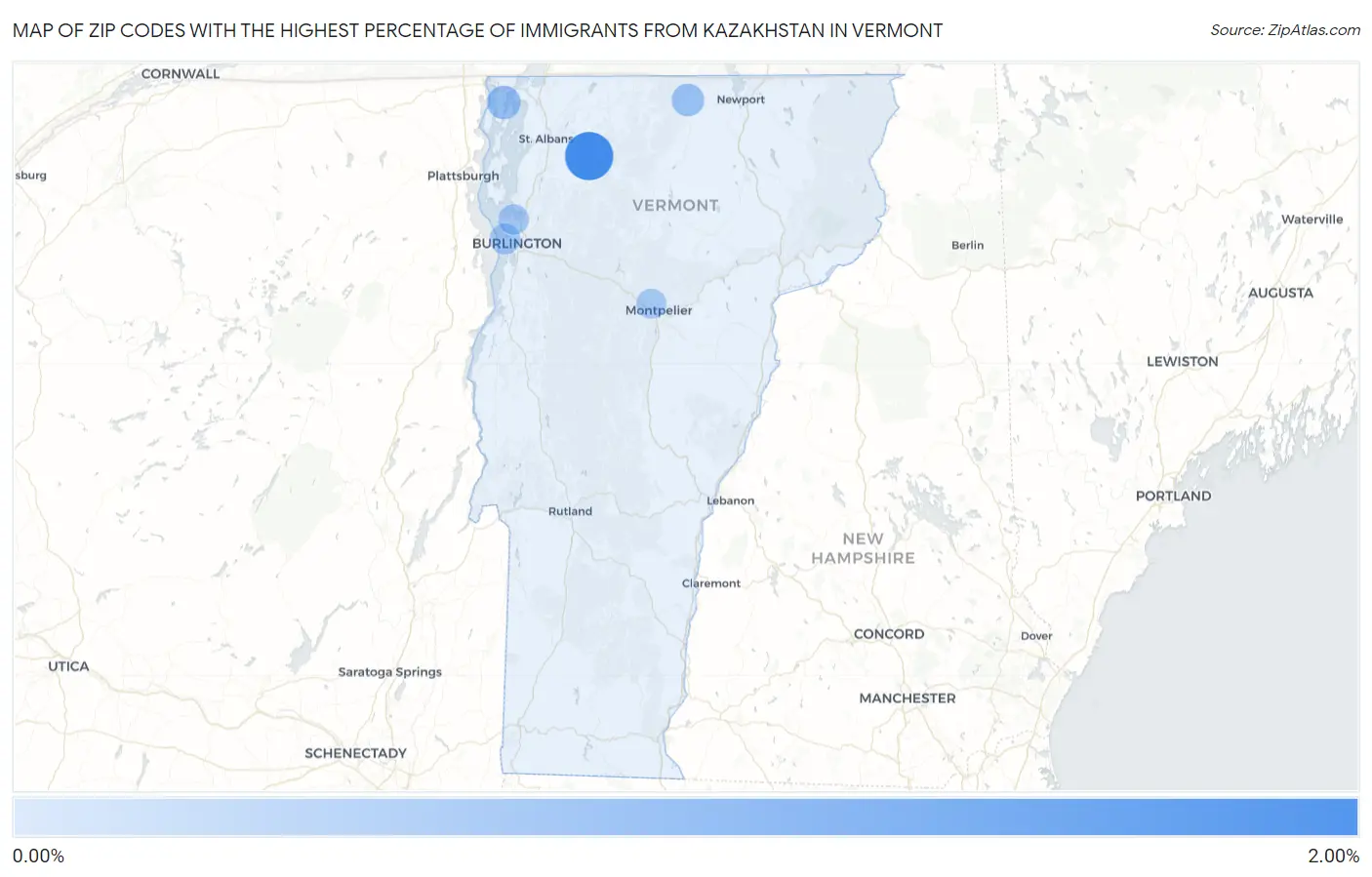 Zip Codes with the Highest Percentage of Immigrants from Kazakhstan in Vermont Map