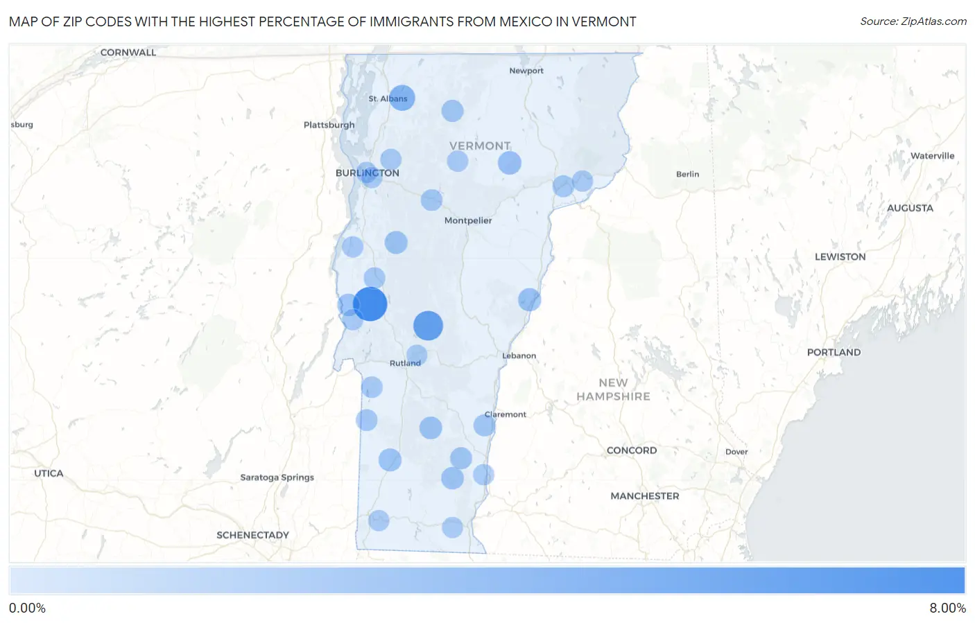 Zip Codes with the Highest Percentage of Immigrants from Mexico in Vermont Map