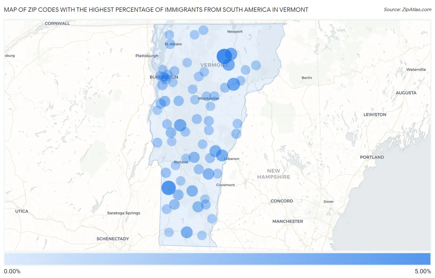 Zip Codes with the Highest Percentage of Immigrants from South America in Vermont Map