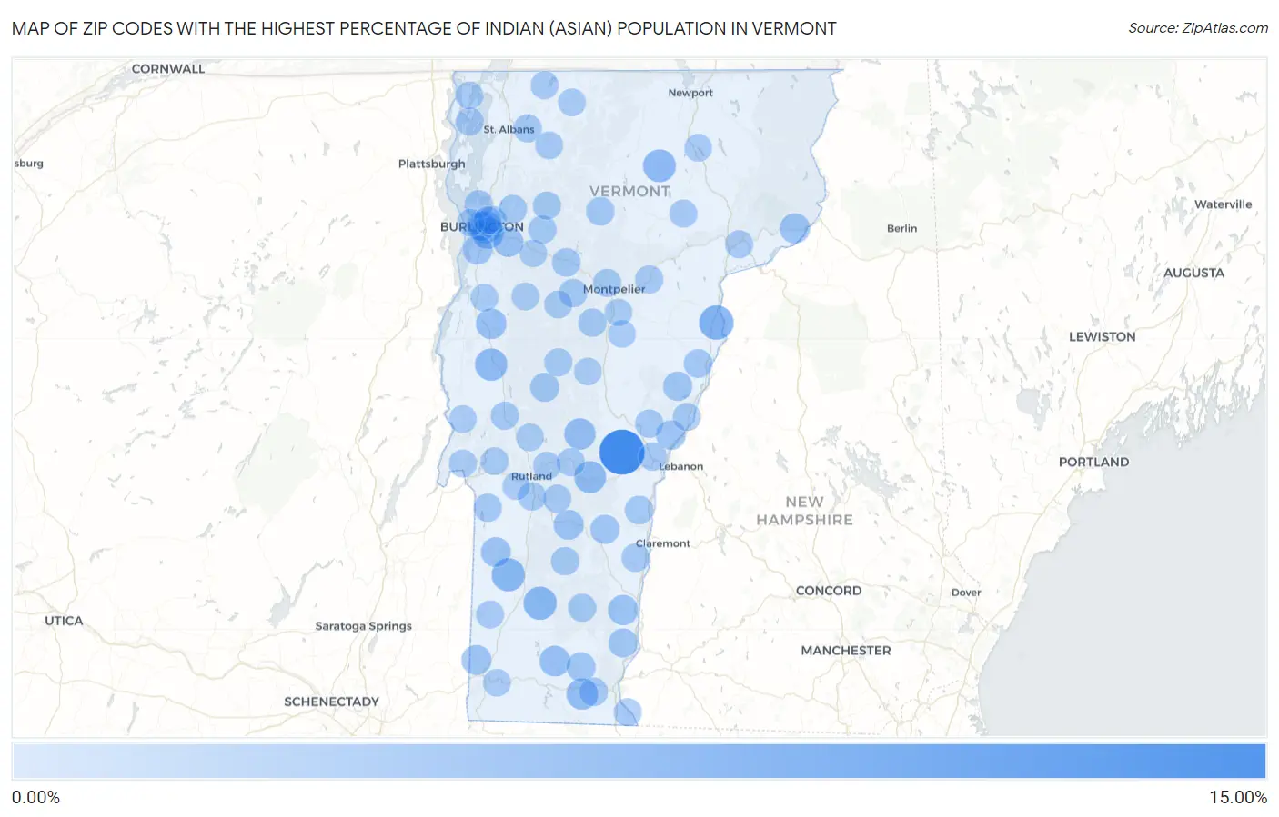 Zip Codes with the Highest Percentage of Indian (Asian) Population in Vermont Map