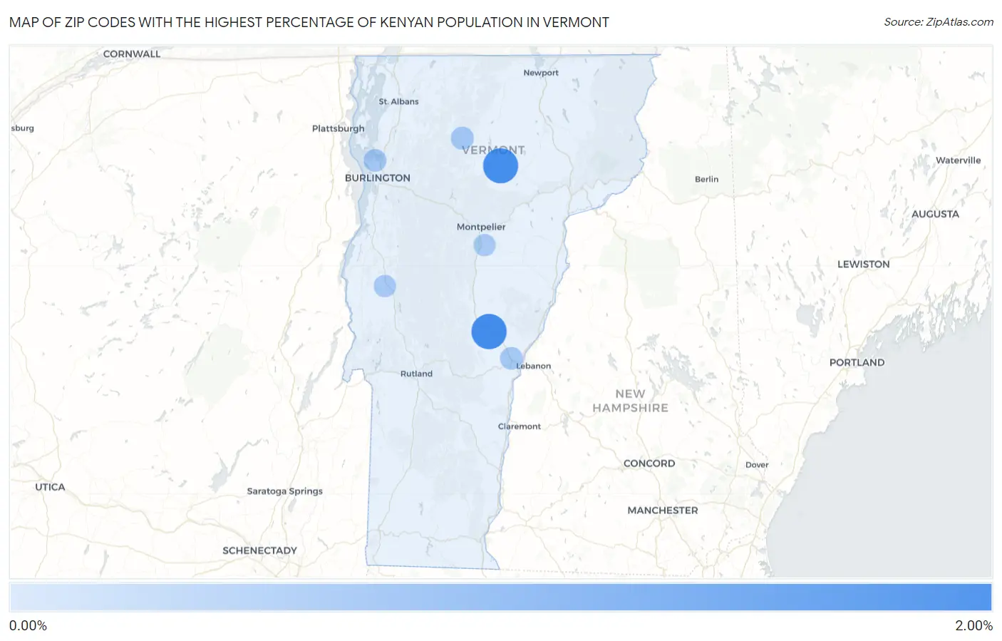 Zip Codes with the Highest Percentage of Kenyan Population in Vermont Map
