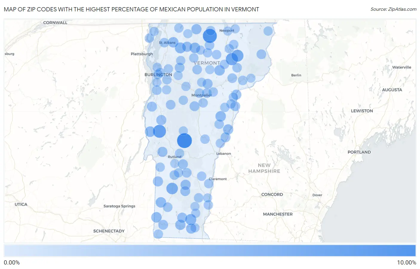 Zip Codes with the Highest Percentage of Mexican Population in Vermont Map