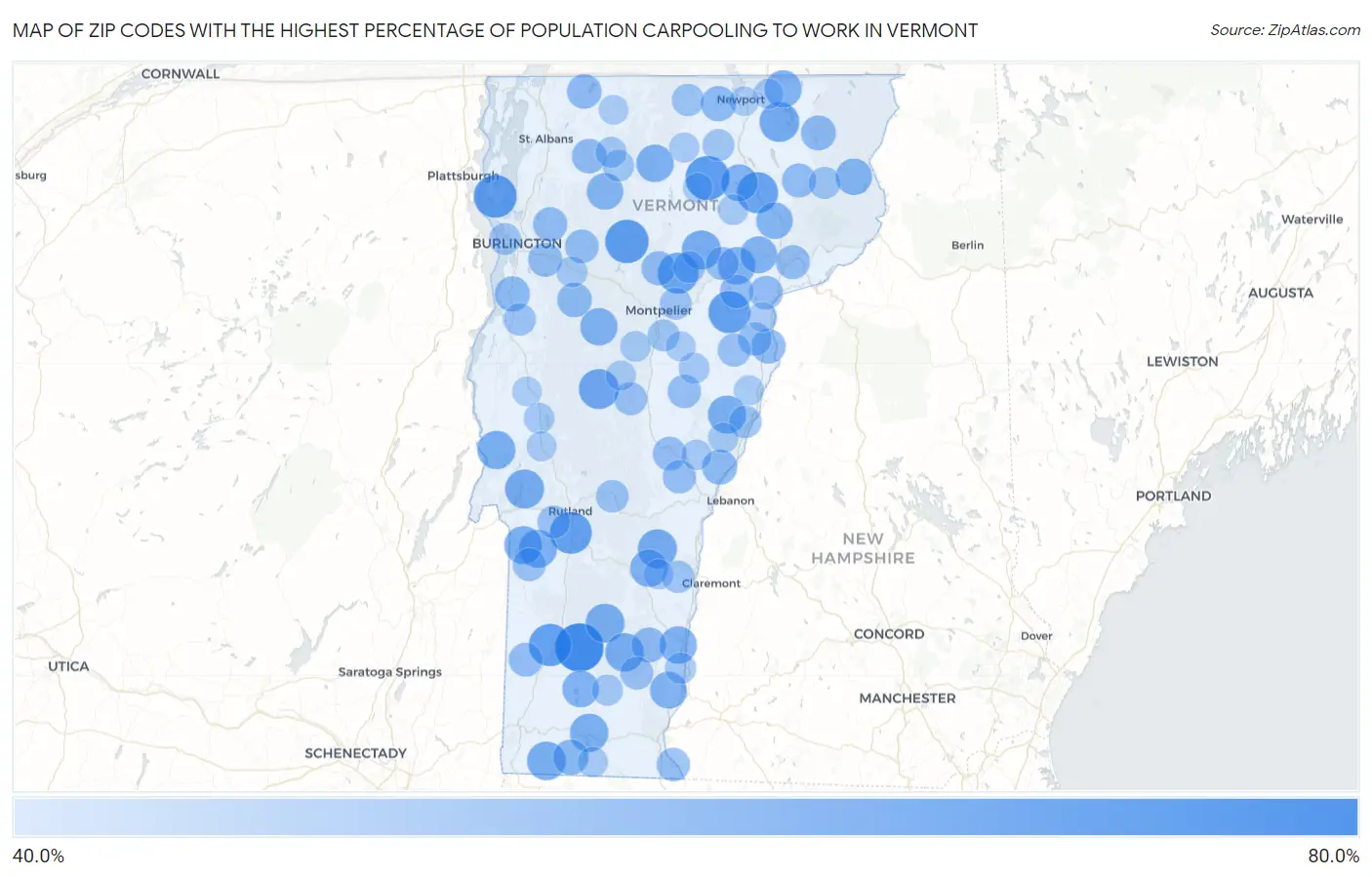 Zip Codes with the Highest Percentage of Population Carpooling to Work in Vermont Map