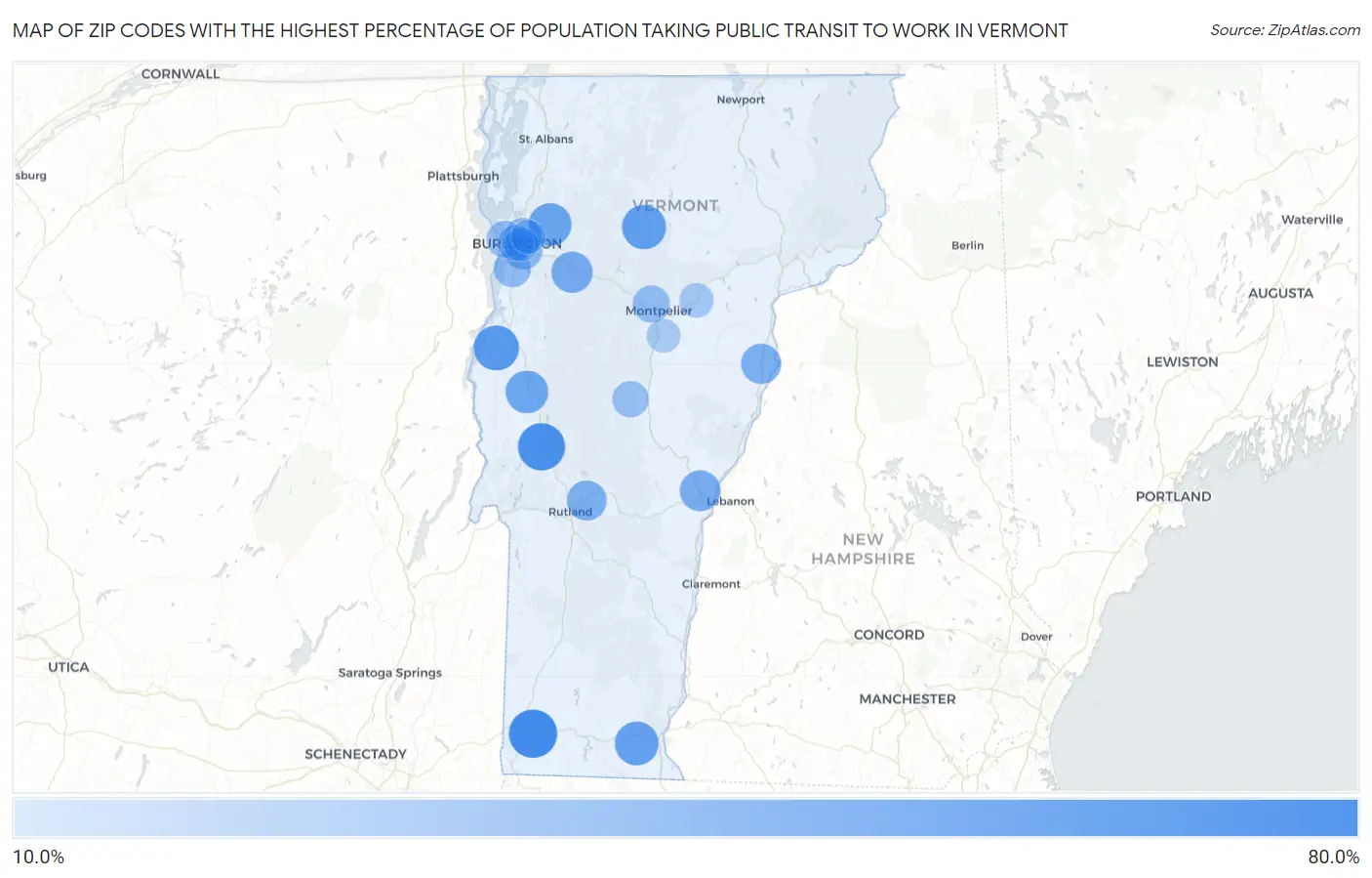Zip Codes with the Highest Percentage of Population Taking Public Transit to Work in Vermont Map