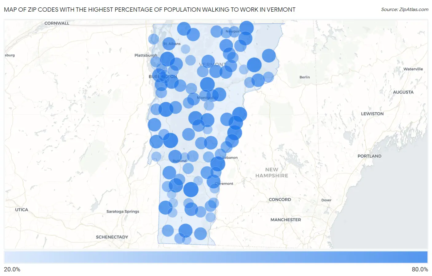 Zip Codes with the Highest Percentage of Population Walking to Work in Vermont Map