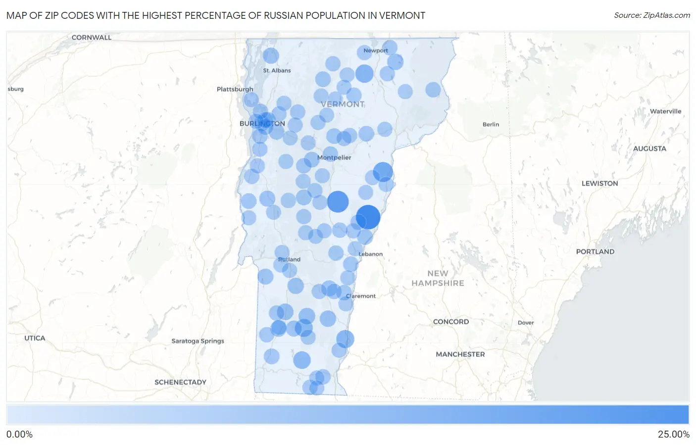 Zip Codes with the Highest Percentage of Russian Population in Vermont Map