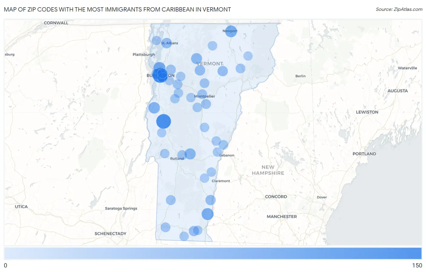 Zip Codes with the Most Immigrants from Caribbean in Vermont Map