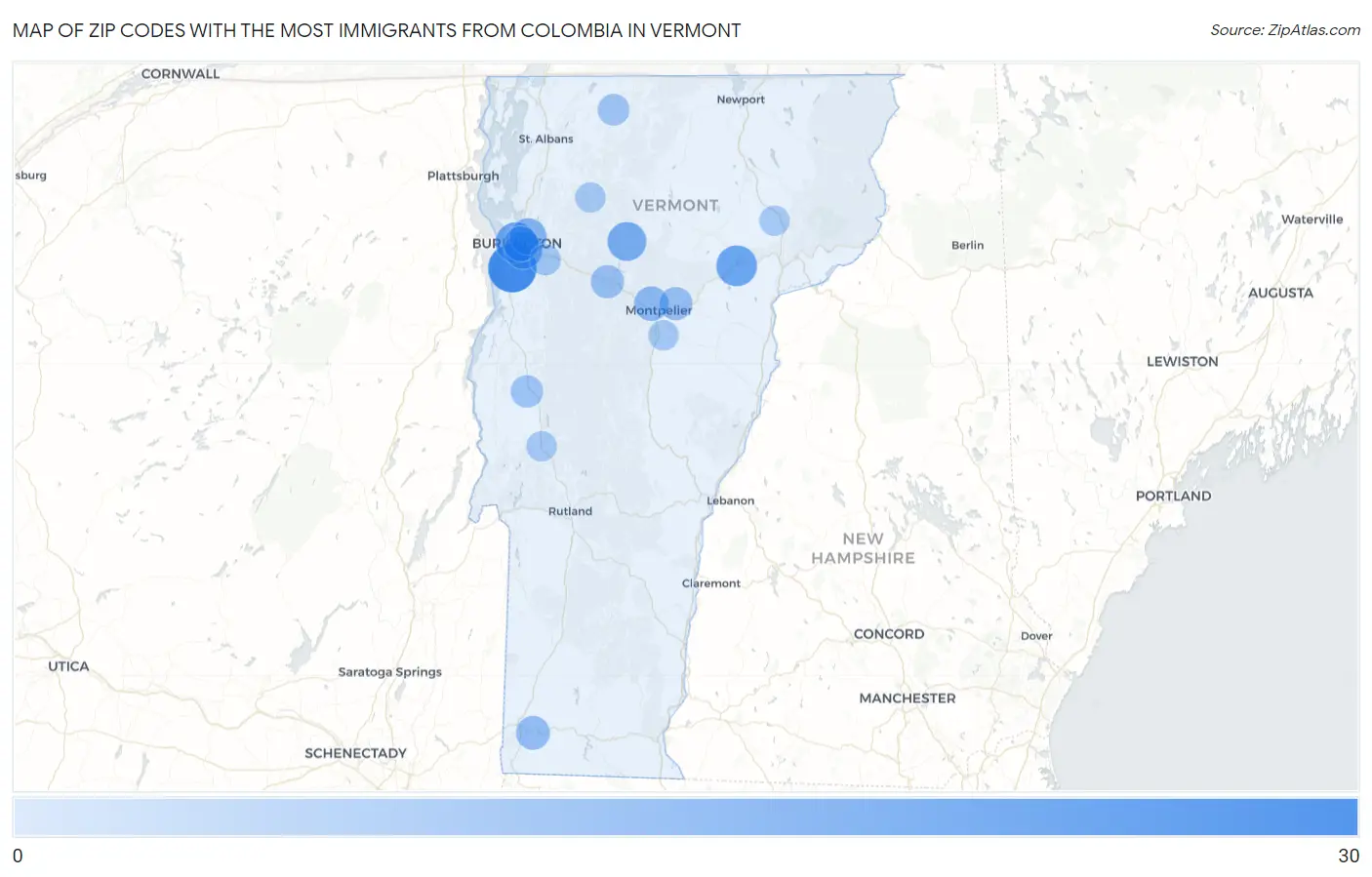 Zip Codes with the Most Immigrants from Colombia in Vermont Map