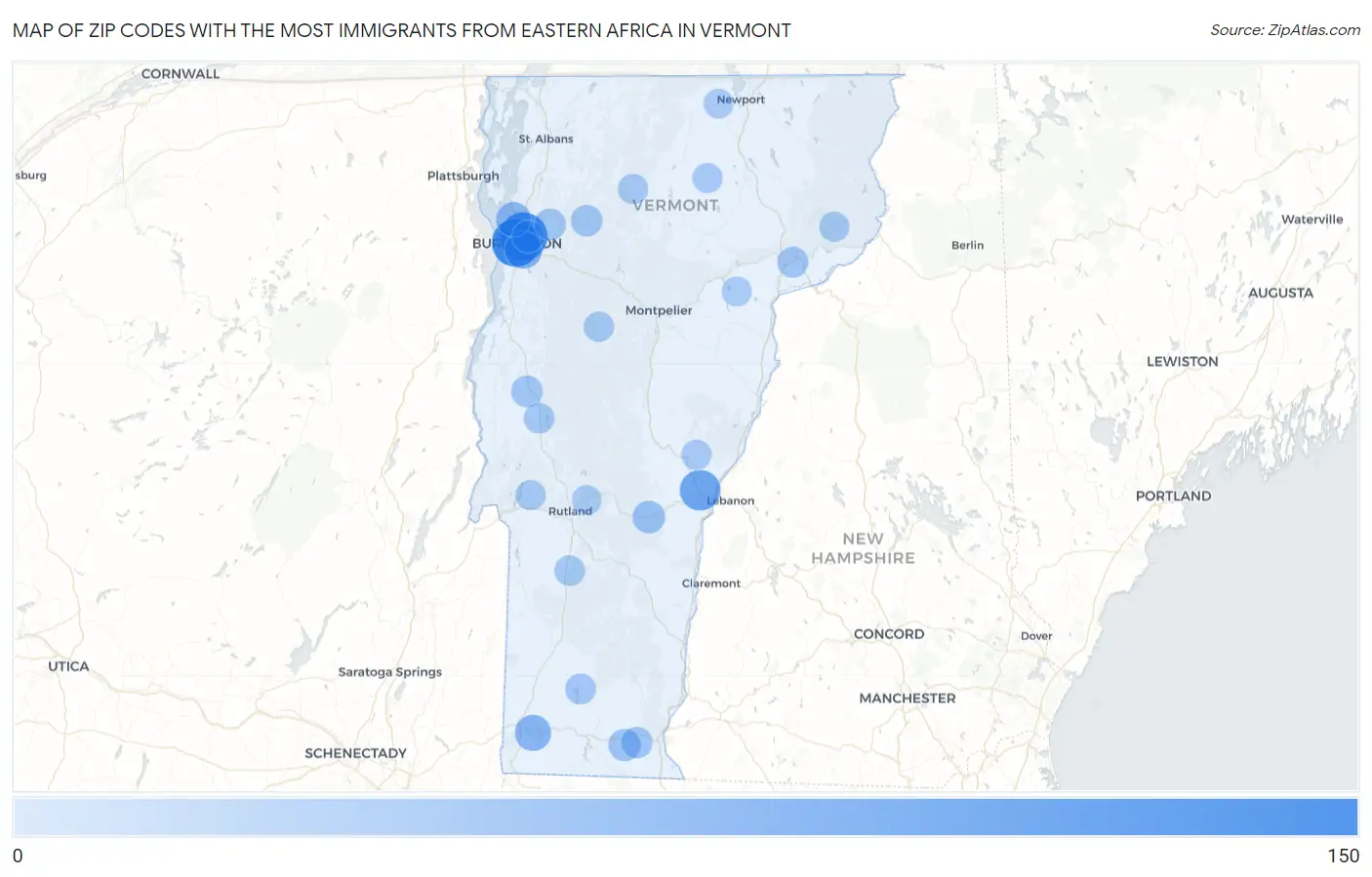 Zip Codes with the Most Immigrants from Eastern Africa in Vermont Map