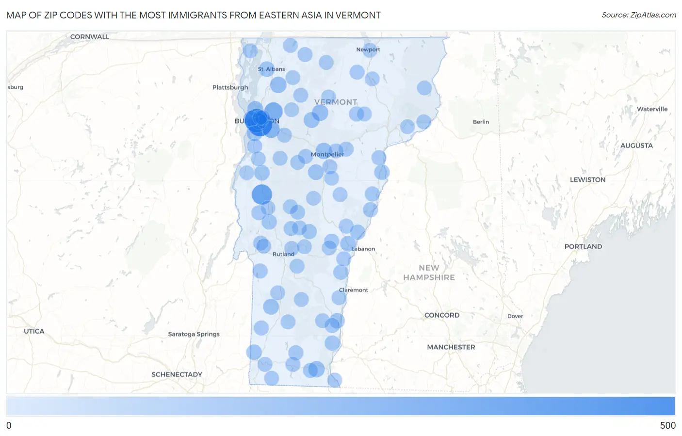 Zip Codes with the Most Immigrants from Eastern Asia in Vermont Map