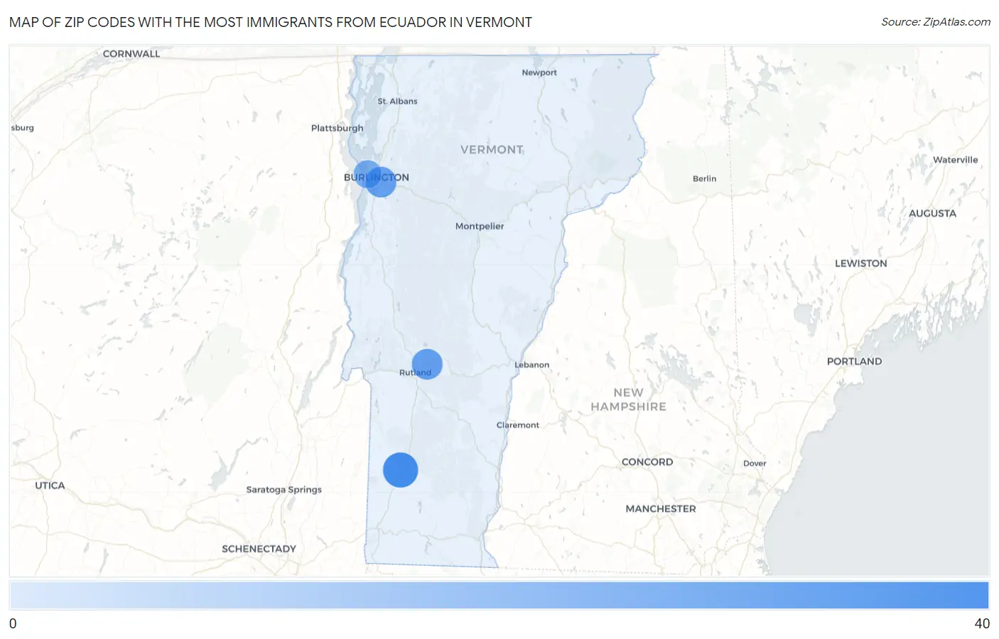 Zip Codes with the Most Immigrants from Ecuador in Vermont Map