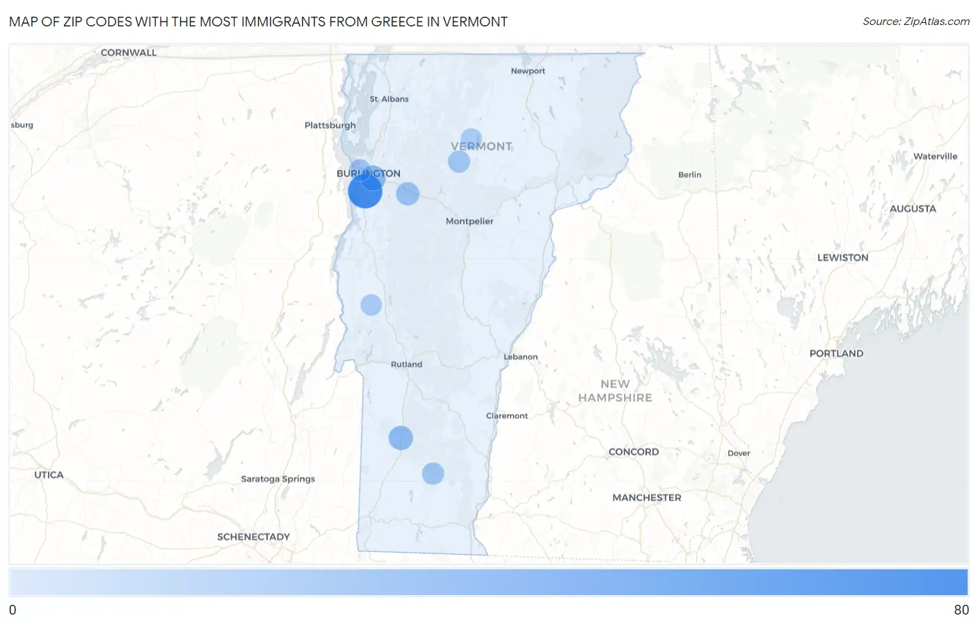 Zip Codes with the Most Immigrants from Greece in Vermont Map