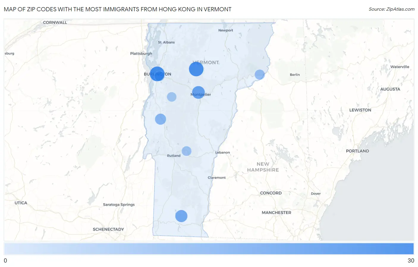 Zip Codes with the Most Immigrants from Hong Kong in Vermont Map