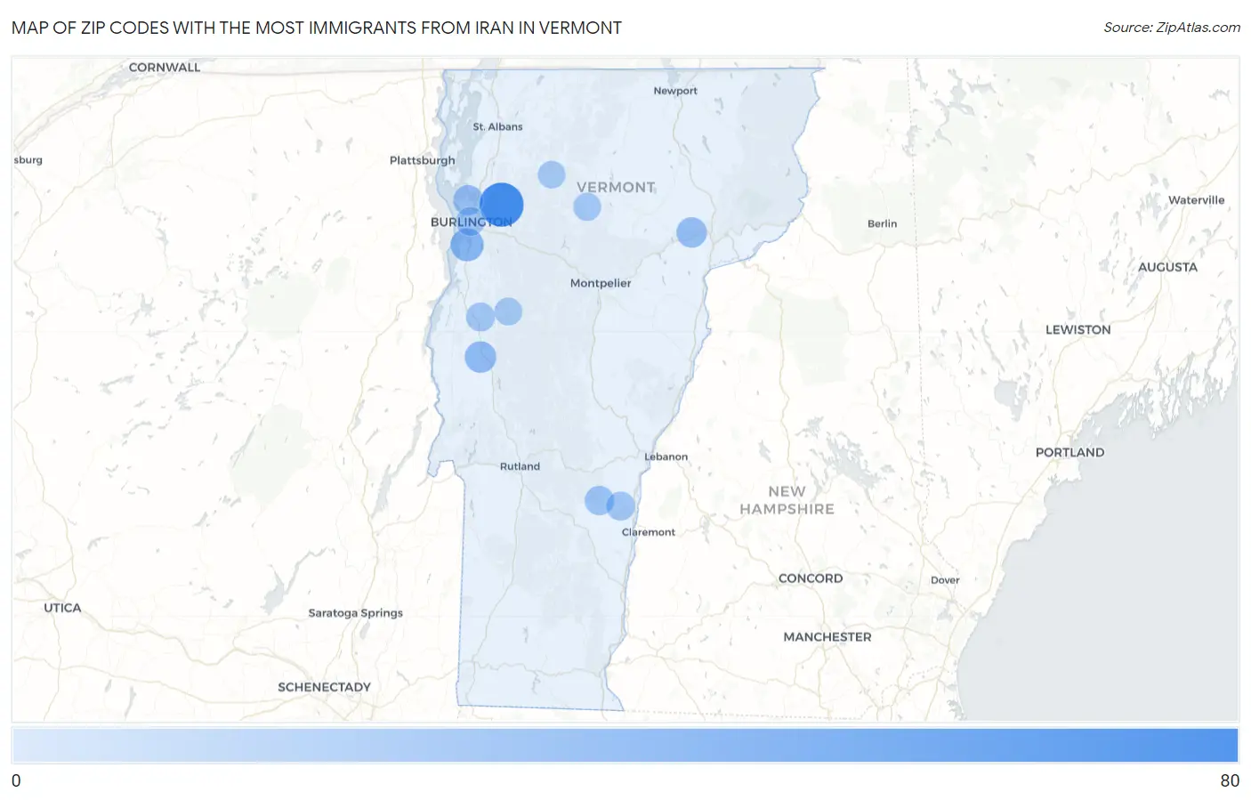 Zip Codes with the Most Immigrants from Iran in Vermont Map