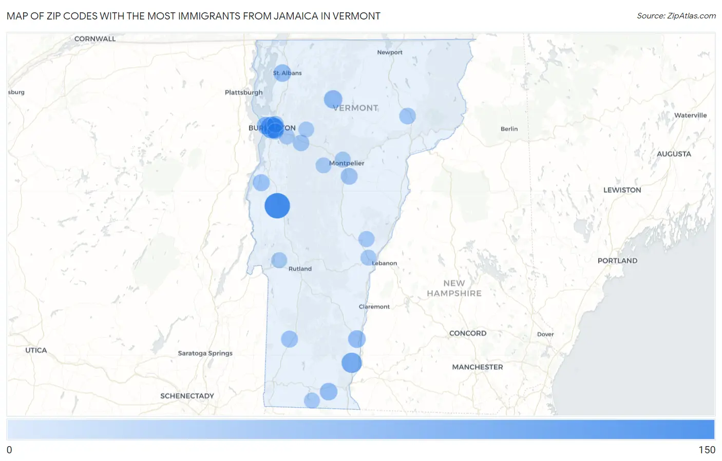 Zip Codes with the Most Immigrants from Jamaica in Vermont Map