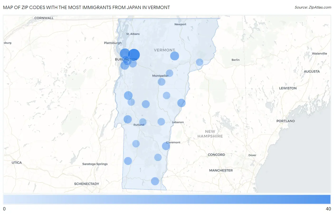 Zip Codes with the Most Immigrants from Japan in Vermont Map