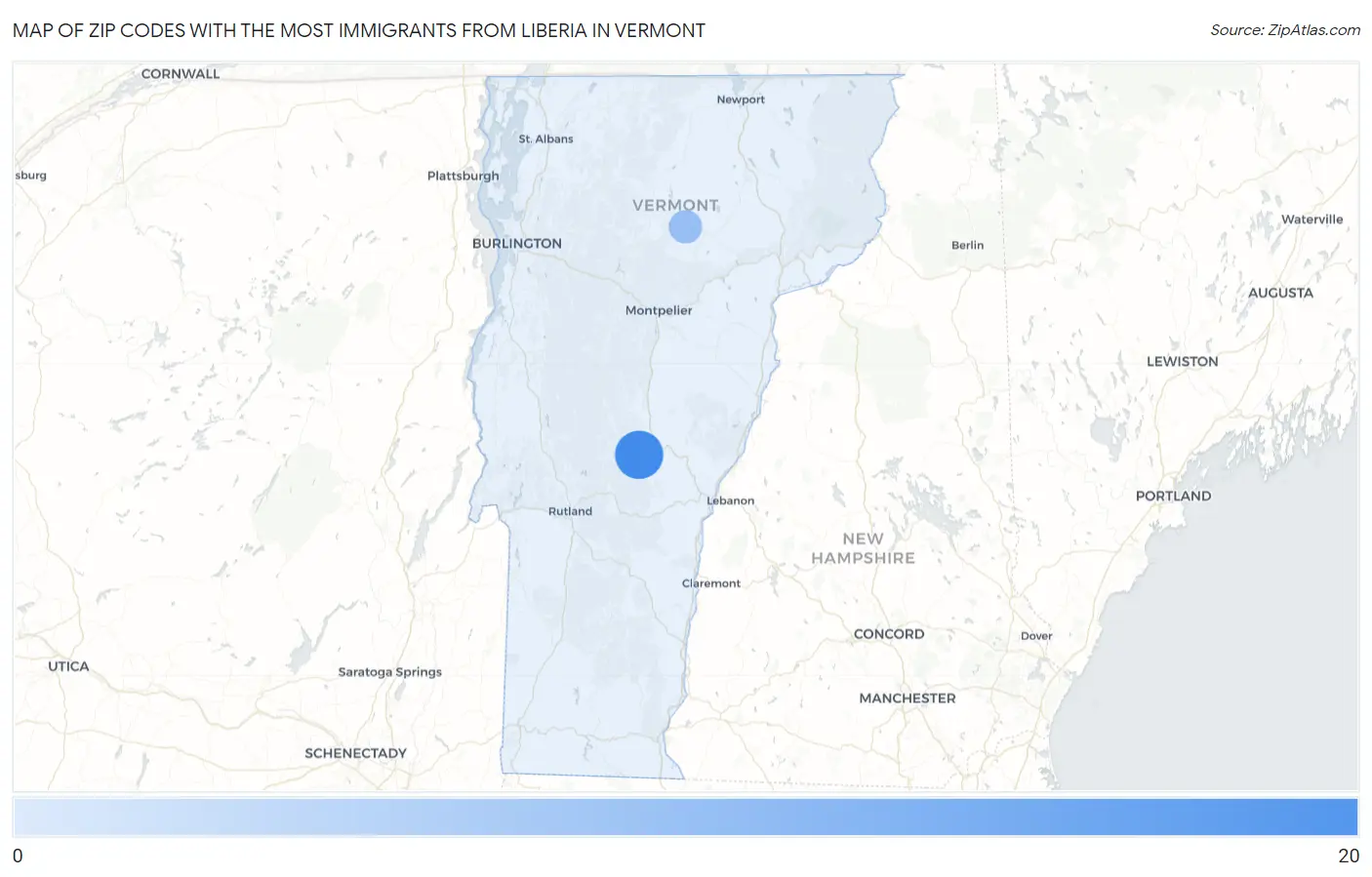 Zip Codes with the Most Immigrants from Liberia in Vermont Map