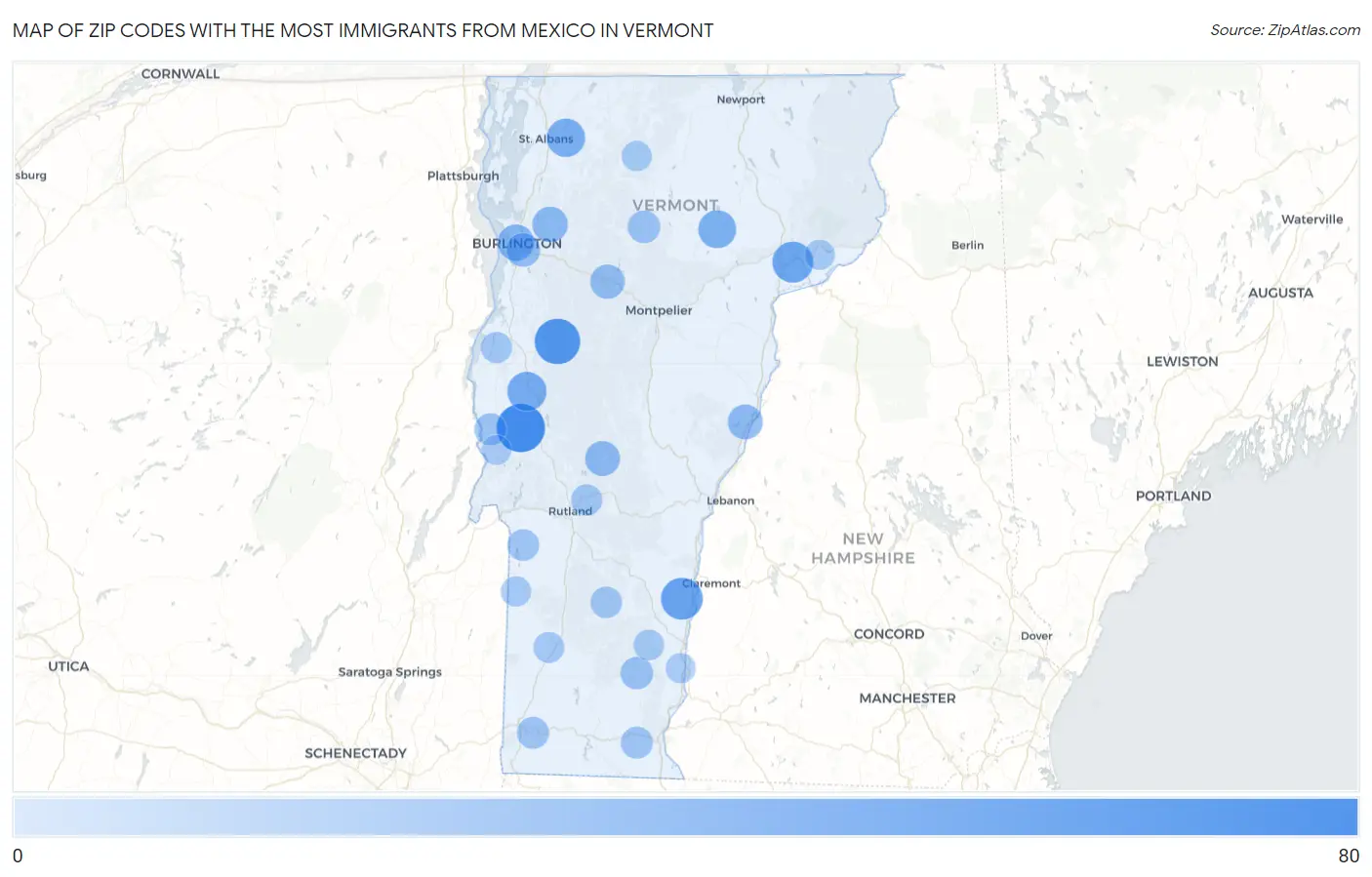Zip Codes with the Most Immigrants from Mexico in Vermont Map