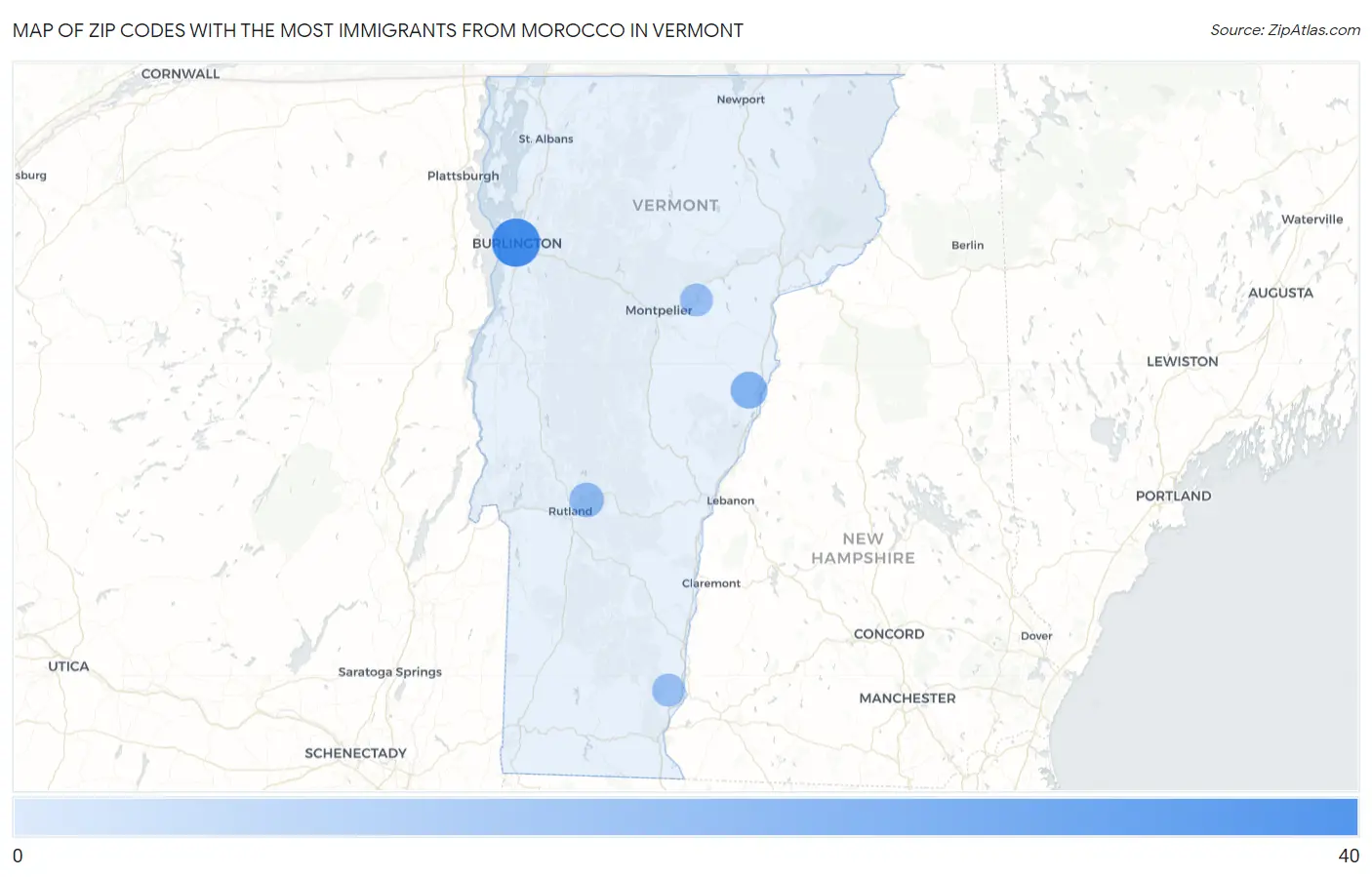 Zip Codes with the Most Immigrants from Morocco in Vermont Map