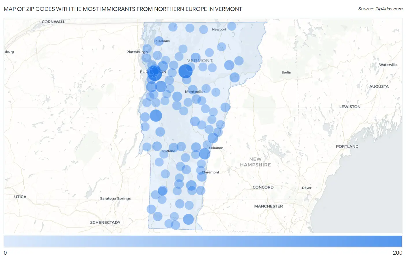 Zip Codes with the Most Immigrants from Northern Europe in Vermont Map