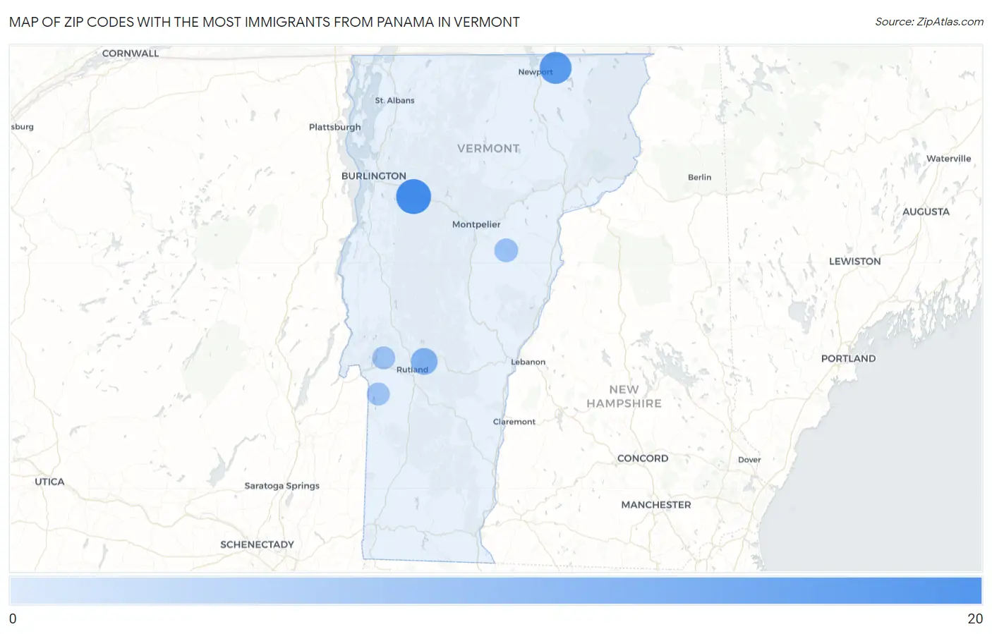 Zip Codes with the Most Immigrants from Panama in Vermont Map