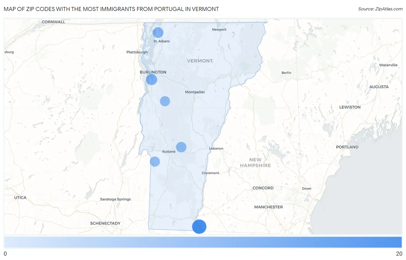 Zip Codes with the Most Immigrants from Portugal in Vermont Map