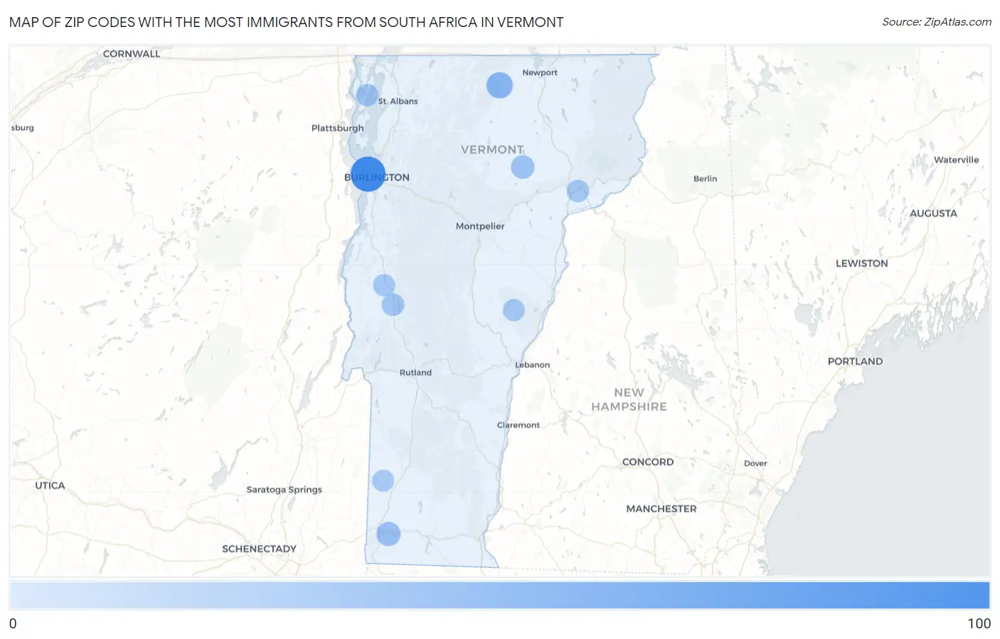 Zip Codes with the Most Immigrants from South Africa in Vermont Map