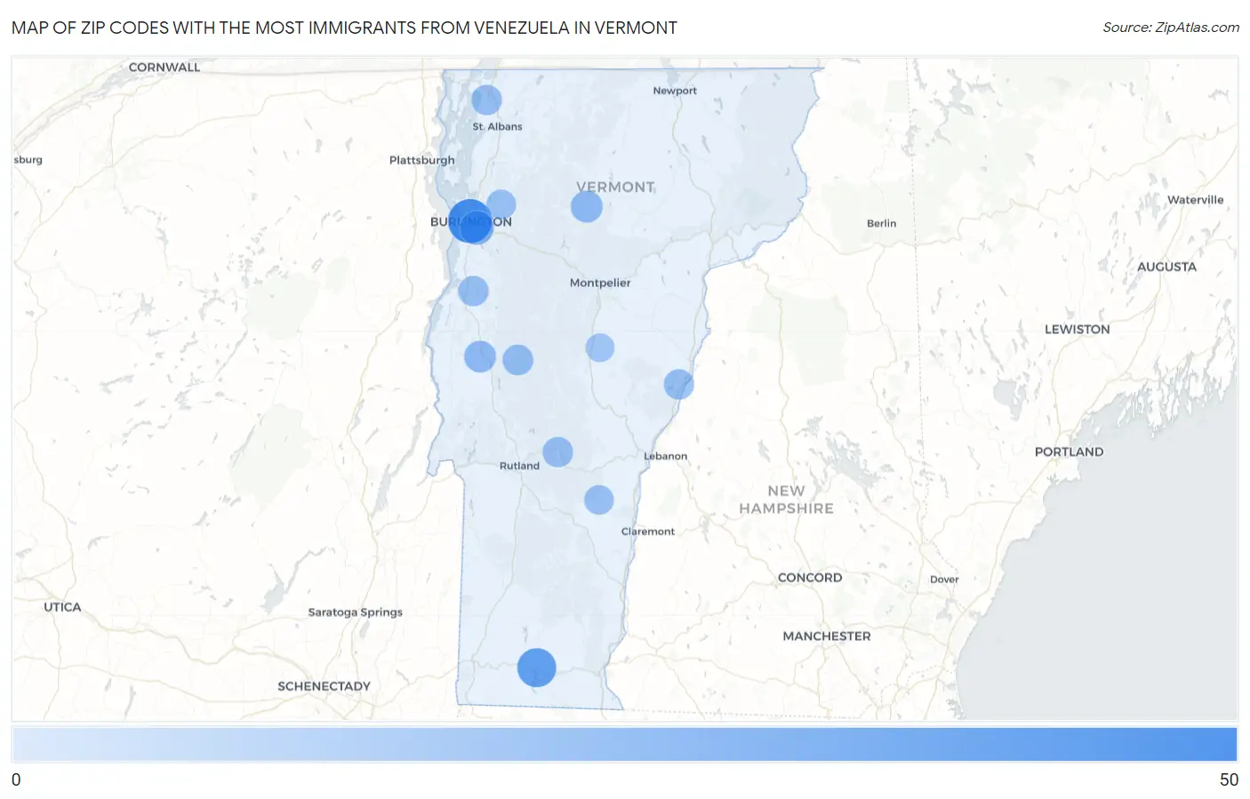 Zip Codes with the Most Immigrants from Venezuela in Vermont Map