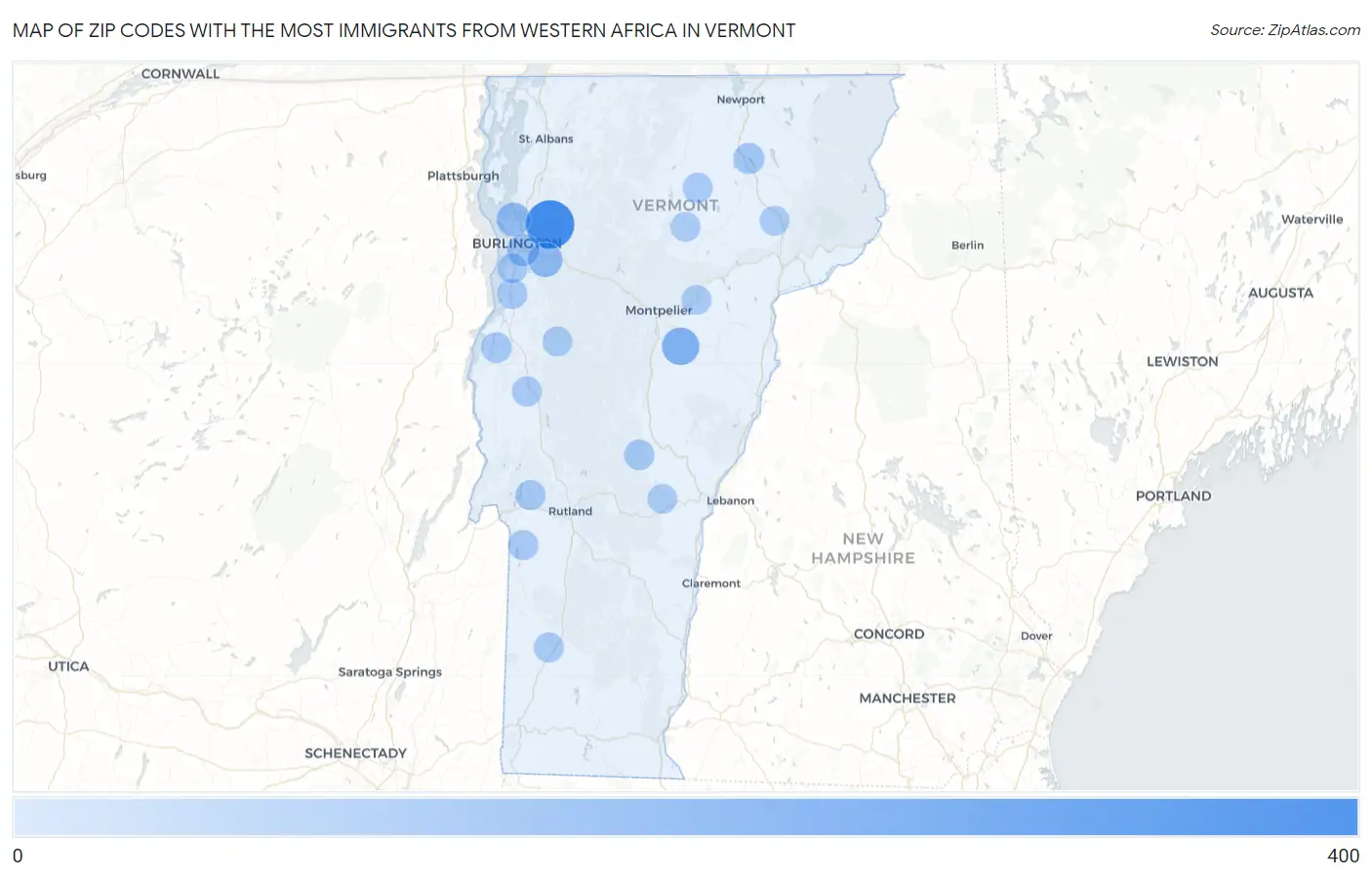 Zip Codes with the Most Immigrants from Western Africa in Vermont Map