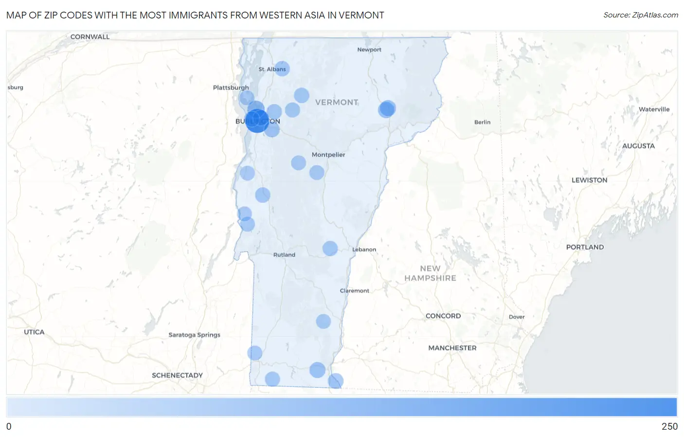 Zip Codes with the Most Immigrants from Western Asia in Vermont Map