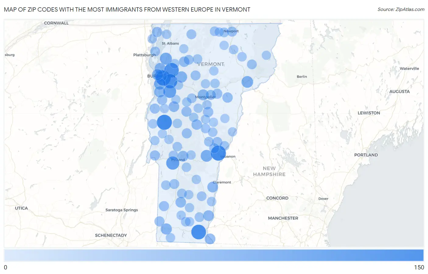 Zip Codes with the Most Immigrants from Western Europe in Vermont Map