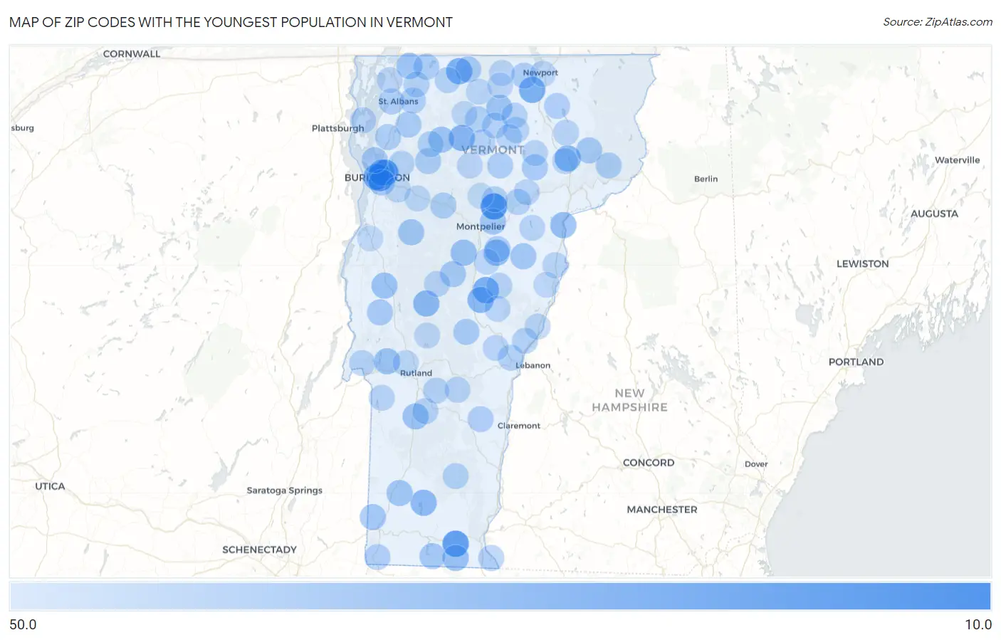 Zip Codes with the Youngest Population in Vermont Map