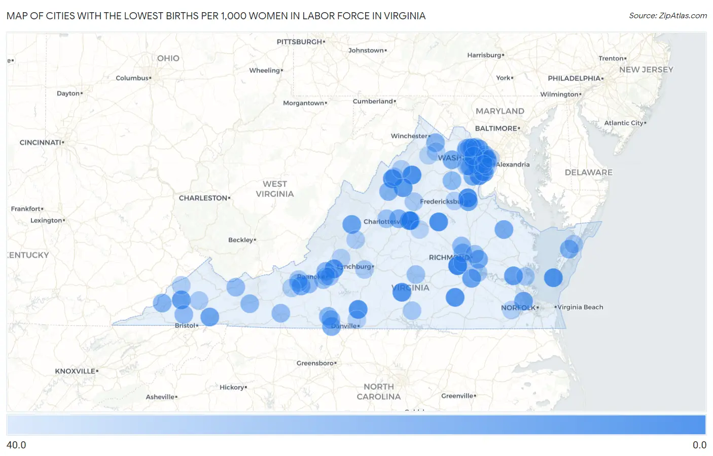 Cities with the Lowest Births per 1,000 Women in Labor Force in Virginia Map